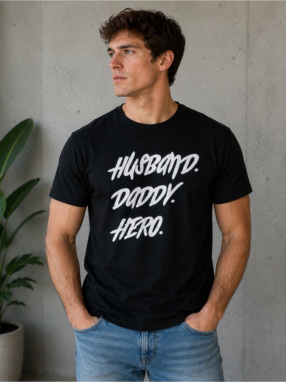 Men's Black 'Husband. Daddy. Hero.' Graphic Tee - Casual Crew Neck